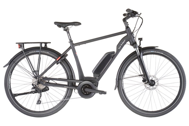 Schwarzes Trekking-E-Bike mit Diamantrahmen und Mittelmotor, Seitenansicht