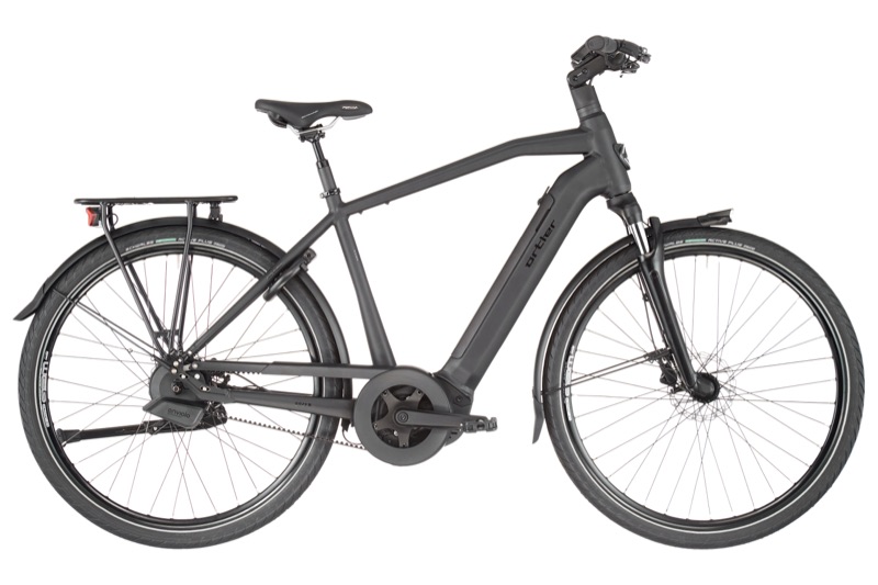 Anthrazitfarbenes City-E-Bike mit Diamantrahmen und integriertem Akku, Seitenansicht