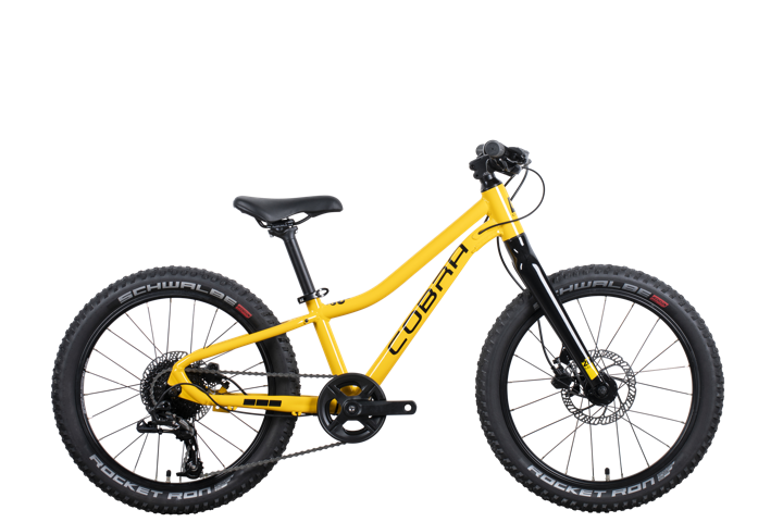 Jugend-Mountainbike 20 Zoll mit gelbem Rahmen, freigestellte Seitenansicht