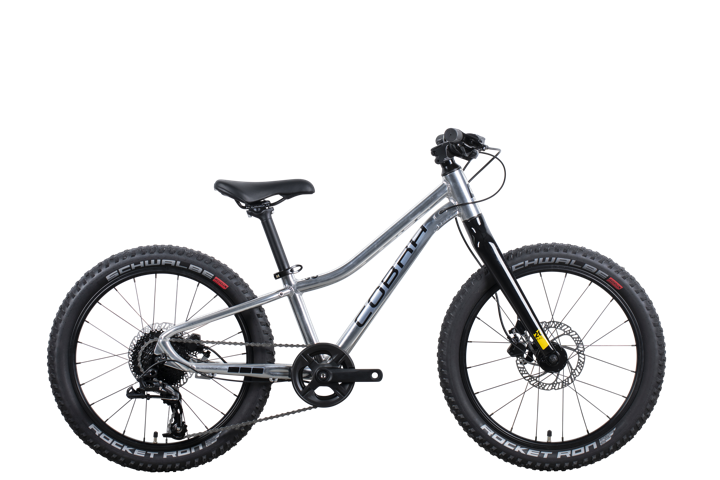 Jugend-Mountainbike 20 Zoll mit poliertem Silberrahmen, freigestellte Seitenansicht