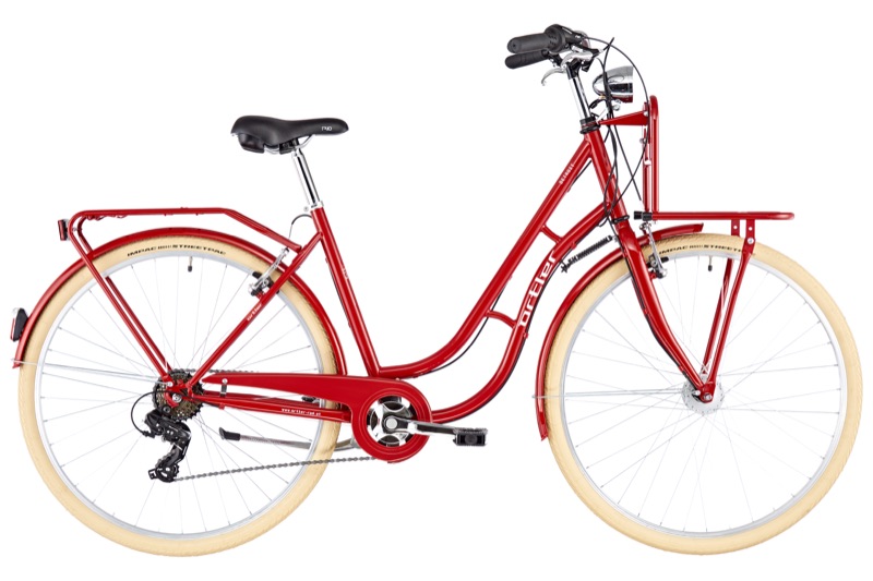 Rotes Retro-Rad mit tiefem Einstieg, Frontgepäckträger und Cremereifen, Seitenansicht
