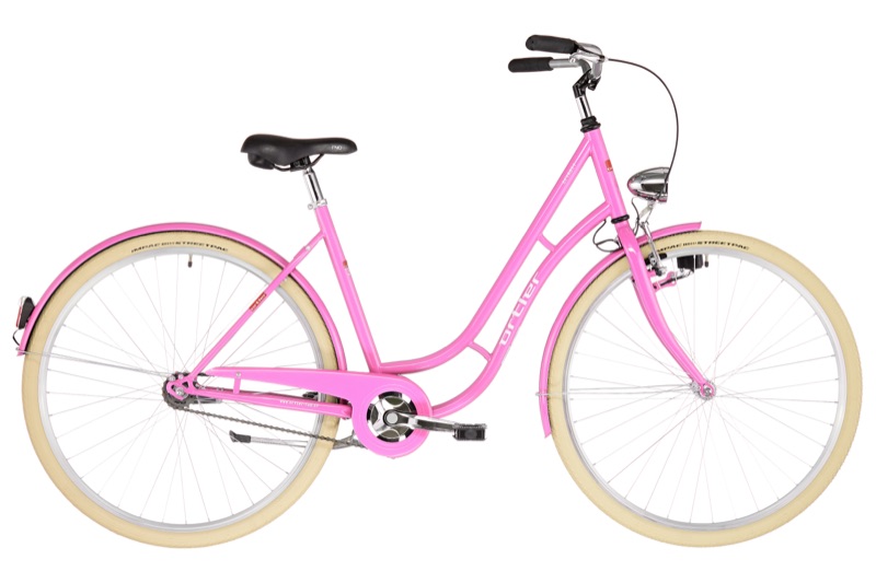 Pinkfarbenes Retro-Tourenrad mit tiefem Einstieg und Cremereifen, Seitenansicht